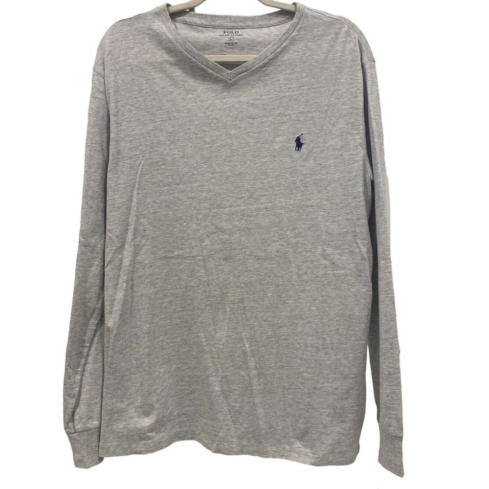 POLO RALPH LAUREN Men's Long Sleeve Solid GRAY V-Neck T-Shirt Blue Logo LARGE